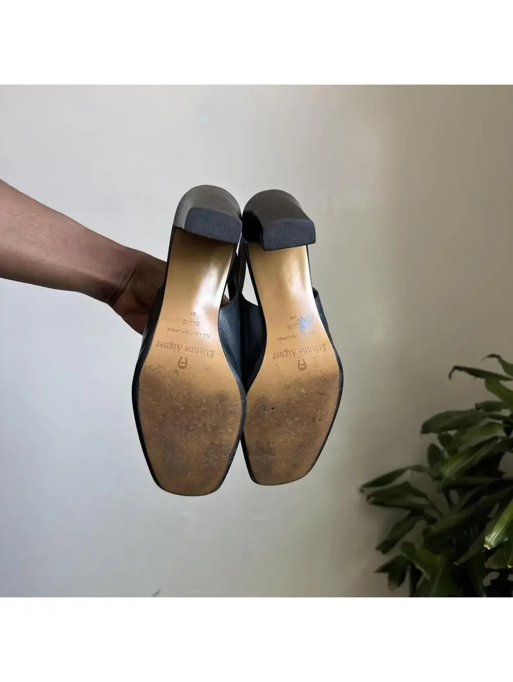 Vintage Etienne Aigner Navy Leather Square Toe Slingback‎ Block Heels - 8